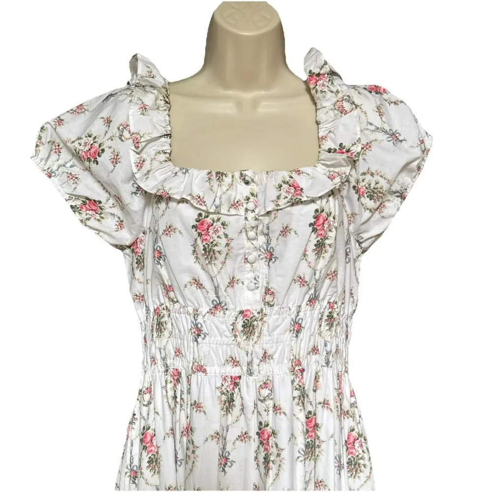 LoveShackFancy Terrence Dress M Vanilla Kisses Floral Smocked Puff Sleeve Maxi - Picture 13 of 16